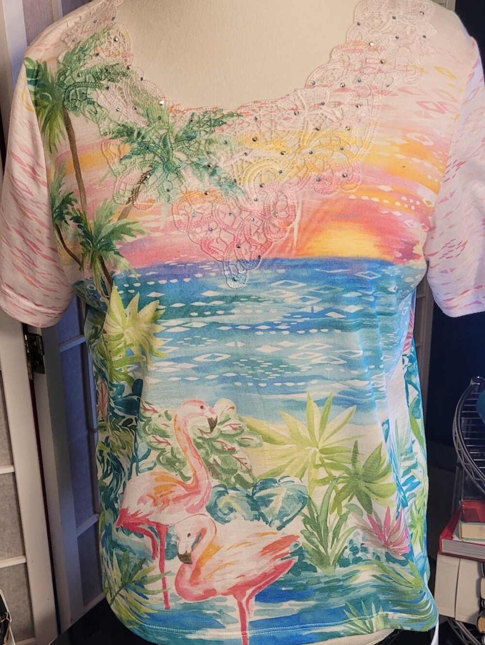 Tropical Flamingo Print Lace-Trim Rhinestone Embellished Women's Tee, PM